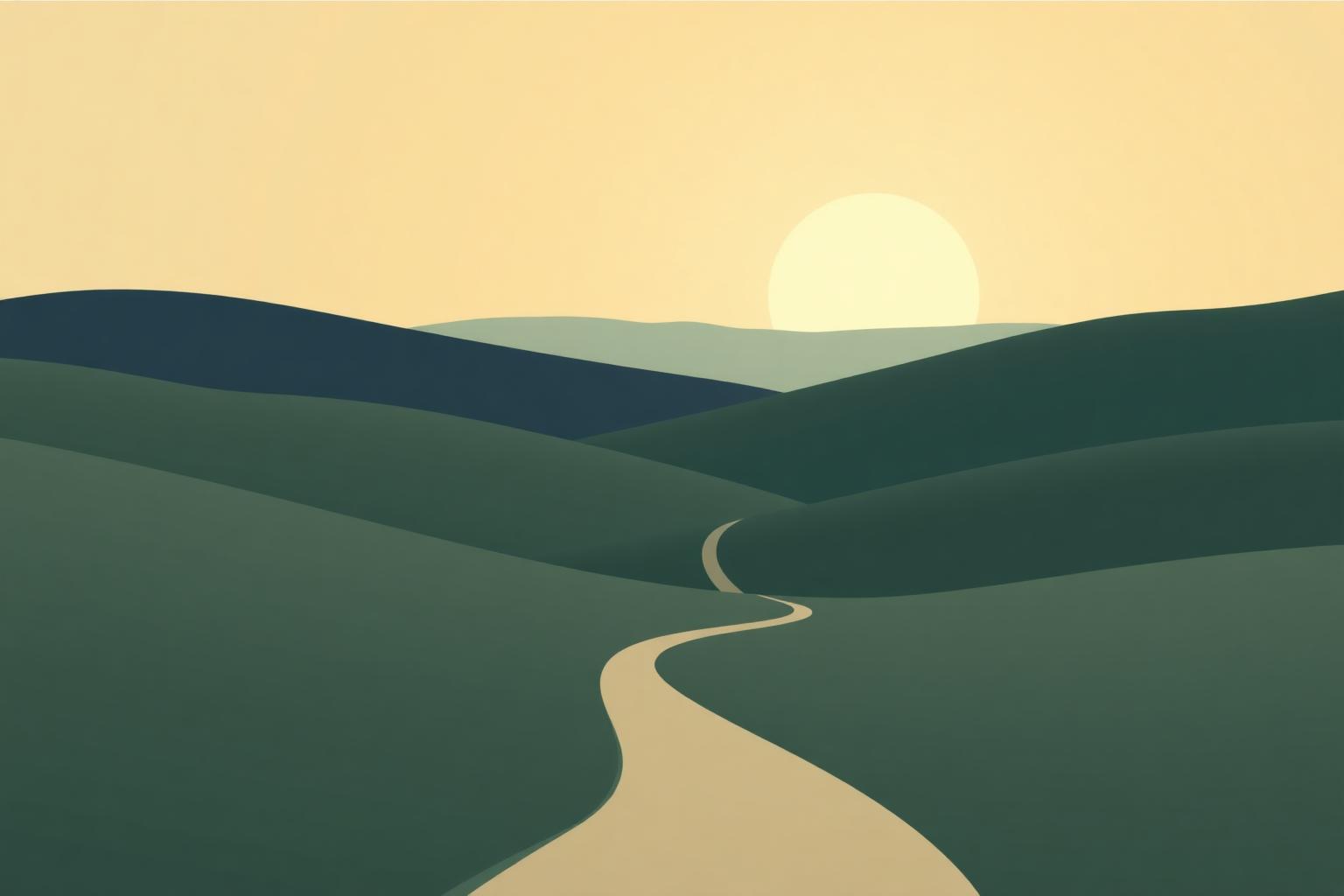 A drawn pathway curves across green hills toward a pale sun near the horizon.